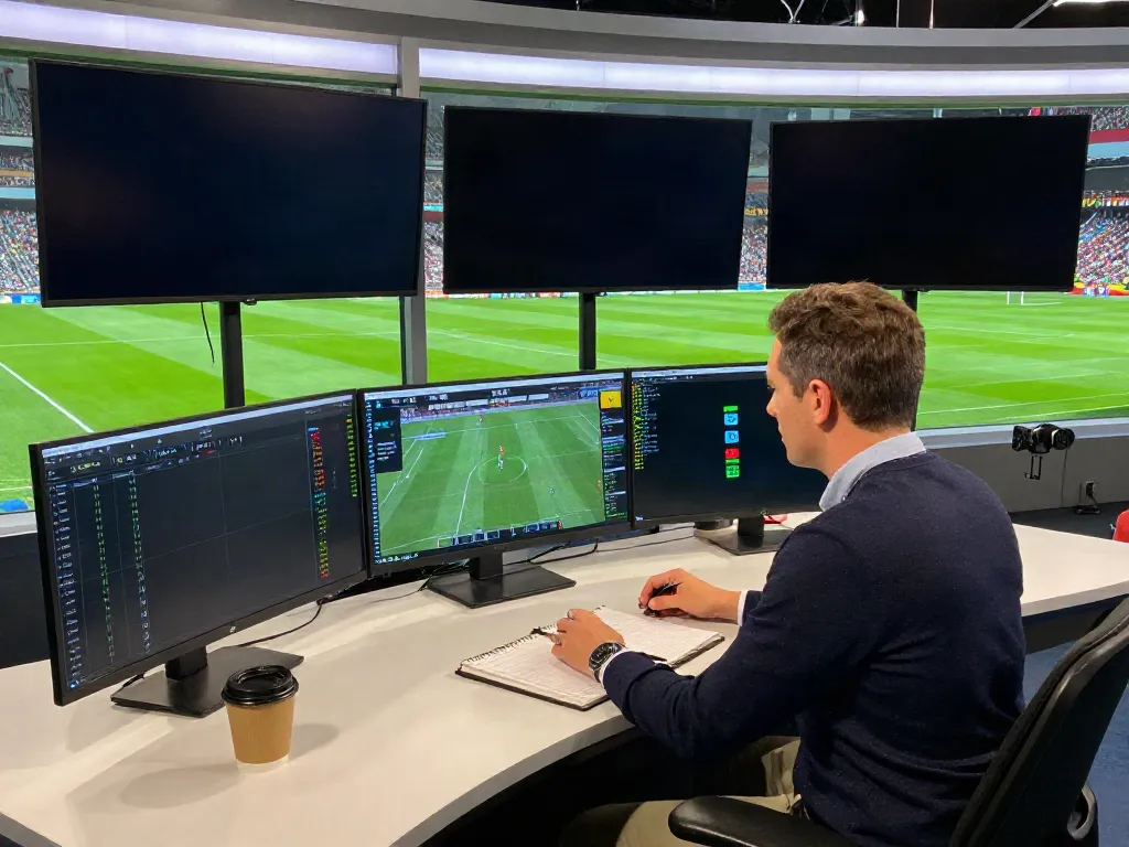 TOP10FOOTBALL live analysis with screens of statistics and player metrics in vibrant studio setting.
