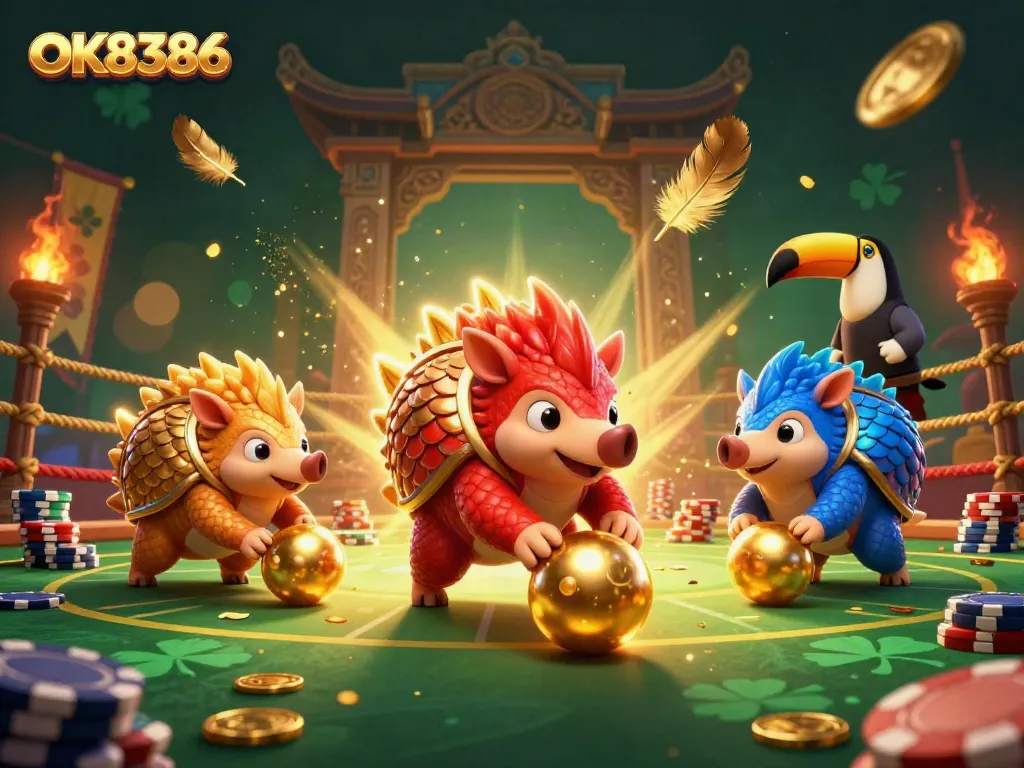 Engaging scene featuring rival pangolins rolling poker chips and confetti, showcasing OK8386's gaming excitement.