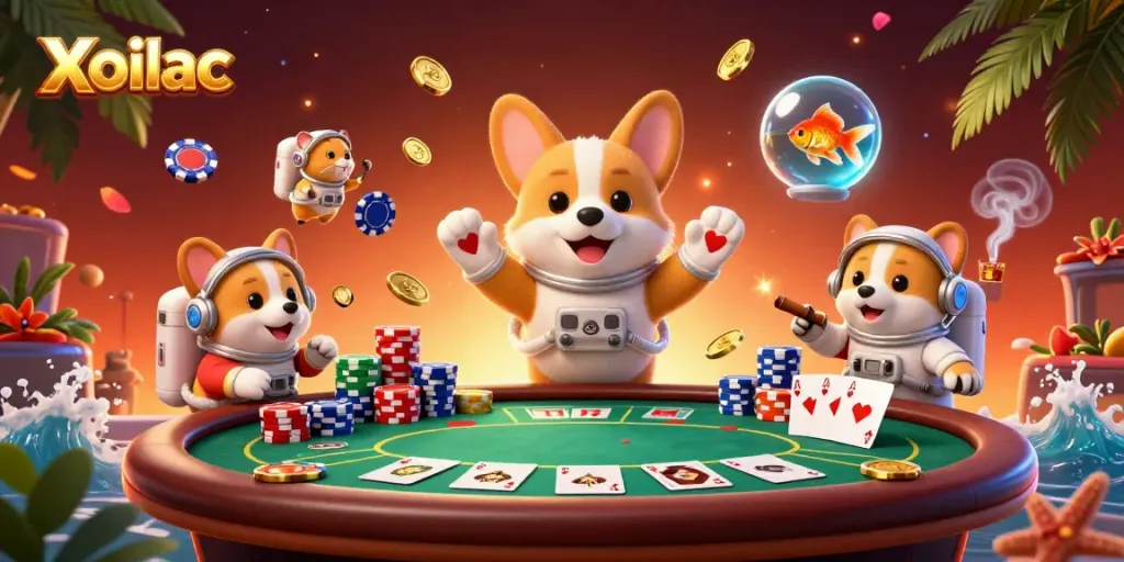 Xoilac engages players with a dynamic cosmic casino scene featuring an astronaut corgi and a hamster in space.