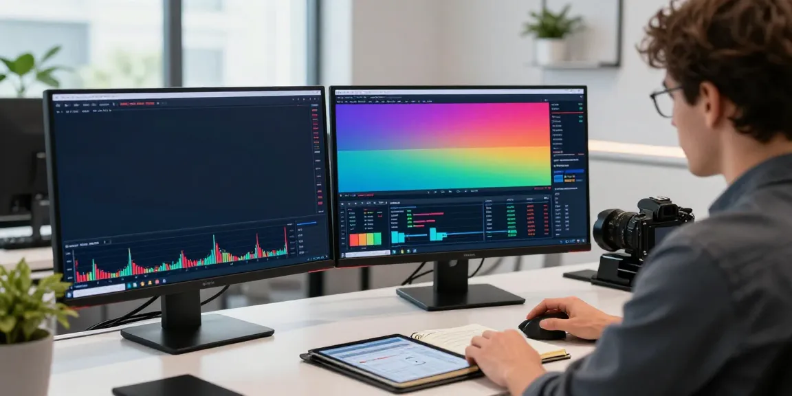 Trader using TradingView software on dual monitors to analyze market trends in a modern office.