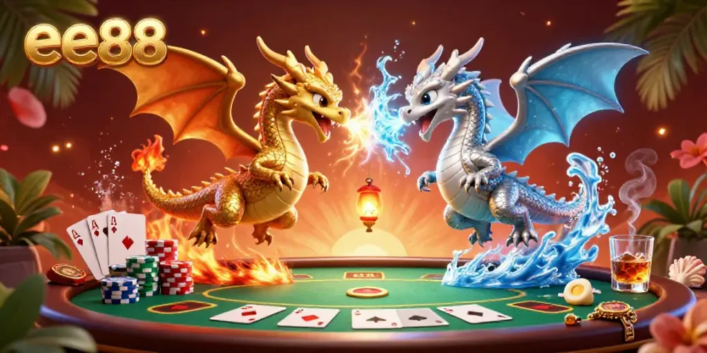 Engage in thrilling games at ee88 with vivid dragon duel amid vibrant poker elements.