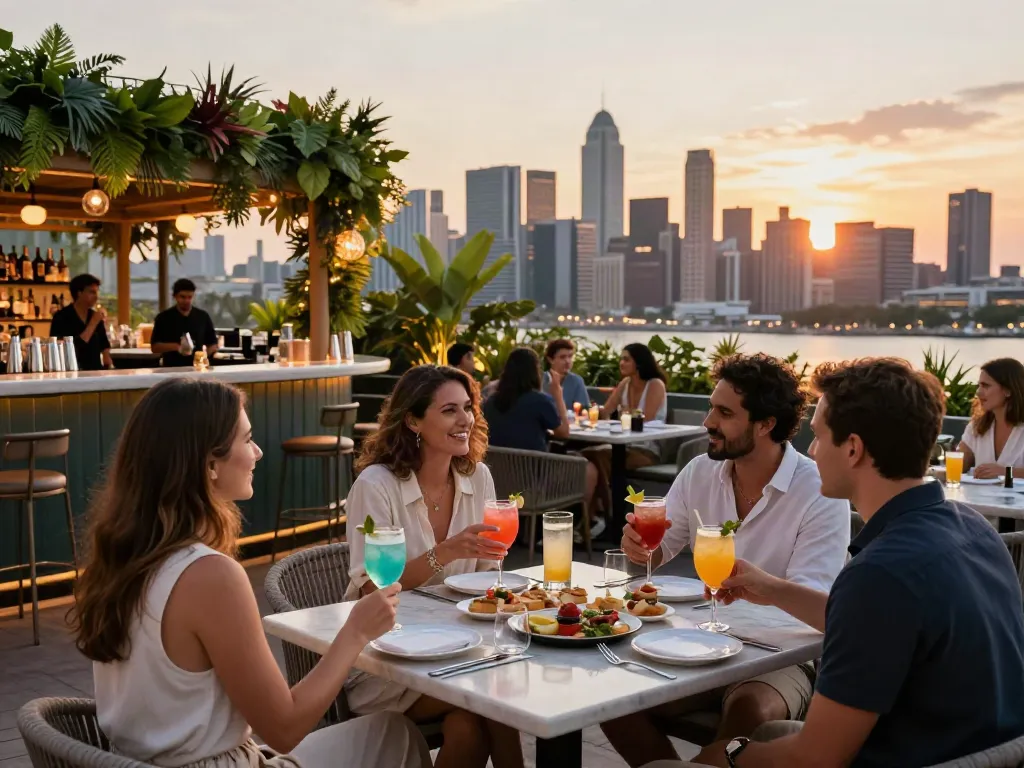 People enjoying vibrant cocktails at NoHu rooftop restaurant with skyline views during sunset.