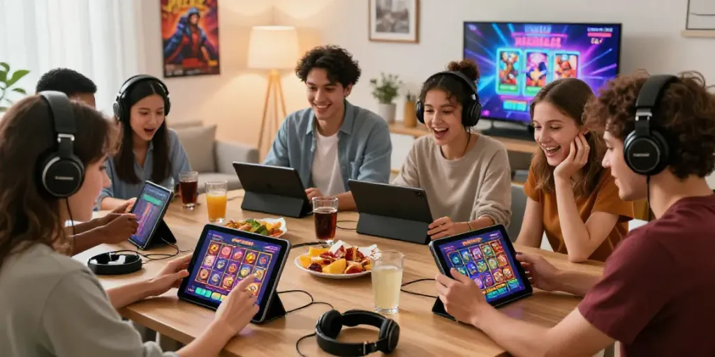 Friends enjoying pesgslot in a vibrant gaming setting with excitement.