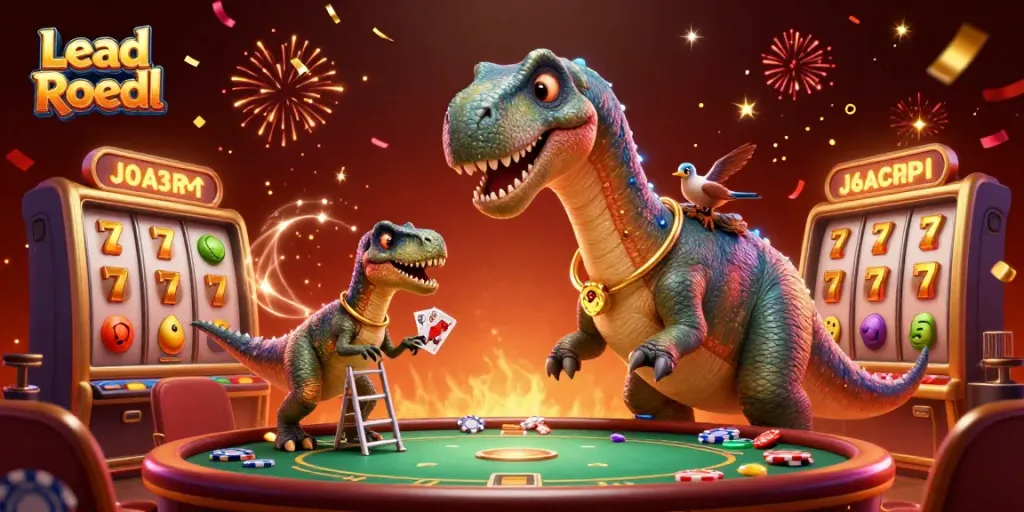 Lead Roedl engages players with an exciting casino scene featuring vibrant 3D characters and dynamic slot elements.