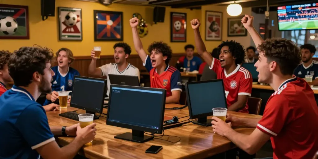 Football fans engaging with ข่าวซื้อขายนักเตะ updates in a lively sports bar atmosphere.
