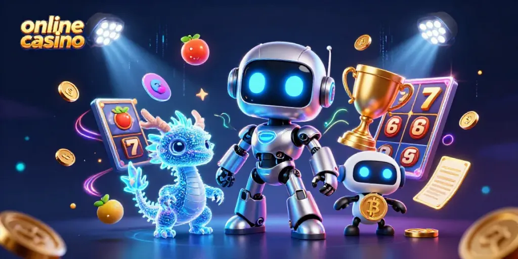 Engage with the excitement of the online casino featuring neon characters, slot elements, and vibrant gaming symbols.