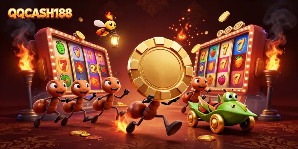 Engaging gameplay at QQCASH188 featuring a cartoon heist with golden poker chips and vibrant slot reels.