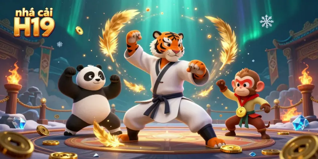 Experience excitement at nhà cái H19 with playful characters surrounded by casino elements.