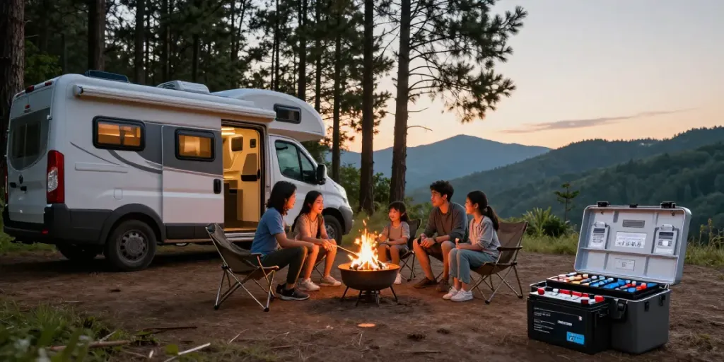 Engaging family camping scene showcasing lithium RV batteries in use while enjoying off-grid travel.