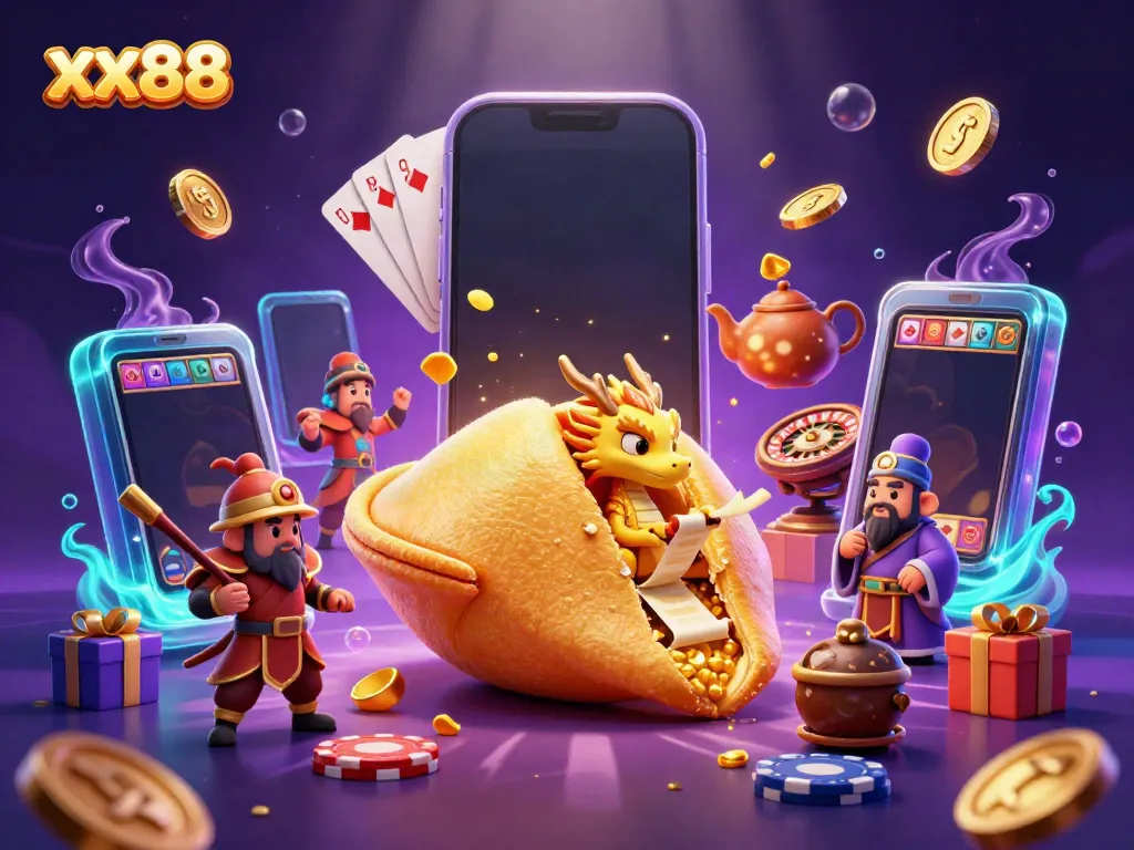 Spin to win with xx88 surrounded by a golden fortune cookie and vibrant casino elements.