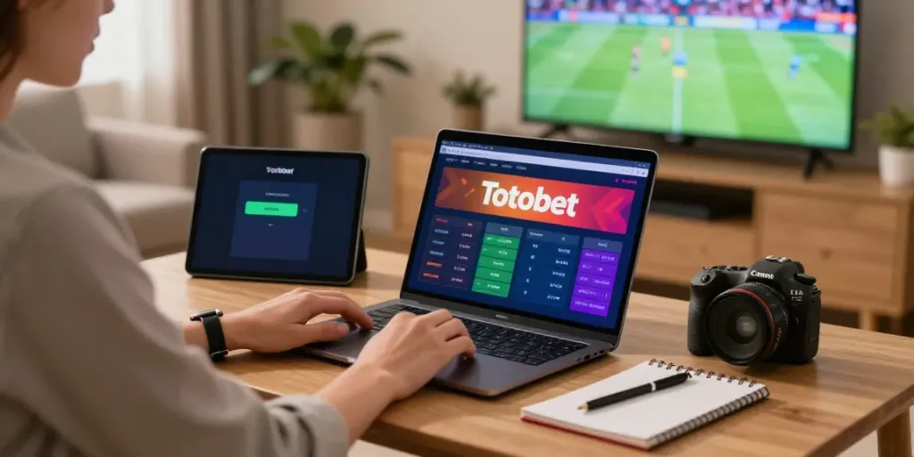 Engaging with Totobet on a sleek laptop in a cozy living room environment.