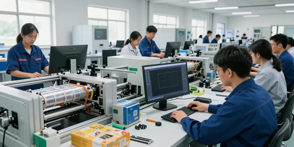 Engineers collaborating on customized packaging solutions in a modern manufacturing facility.