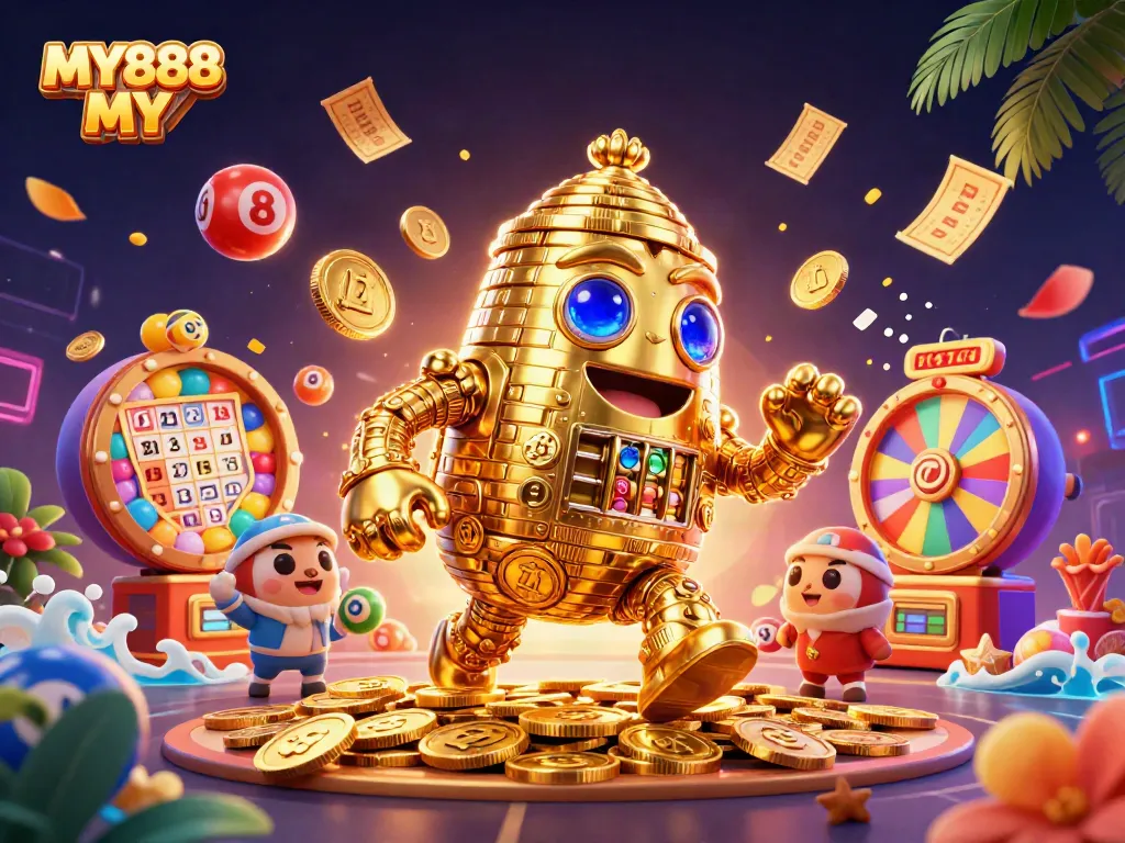 Experience dynamic gaming action with MY888 MY, featuring a golden golem and vibrant gambling elements.