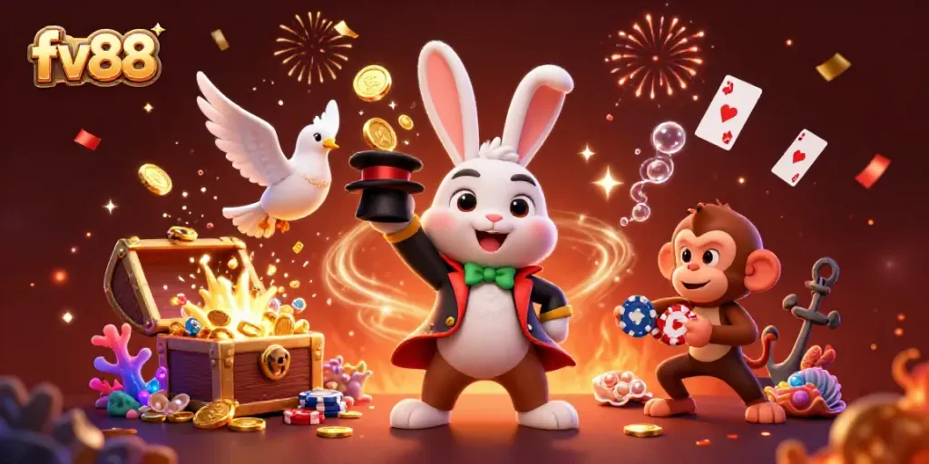 Experience the thrill of fv88 with a magician rabbit and a dazzling dove in a vibrant casino scene.