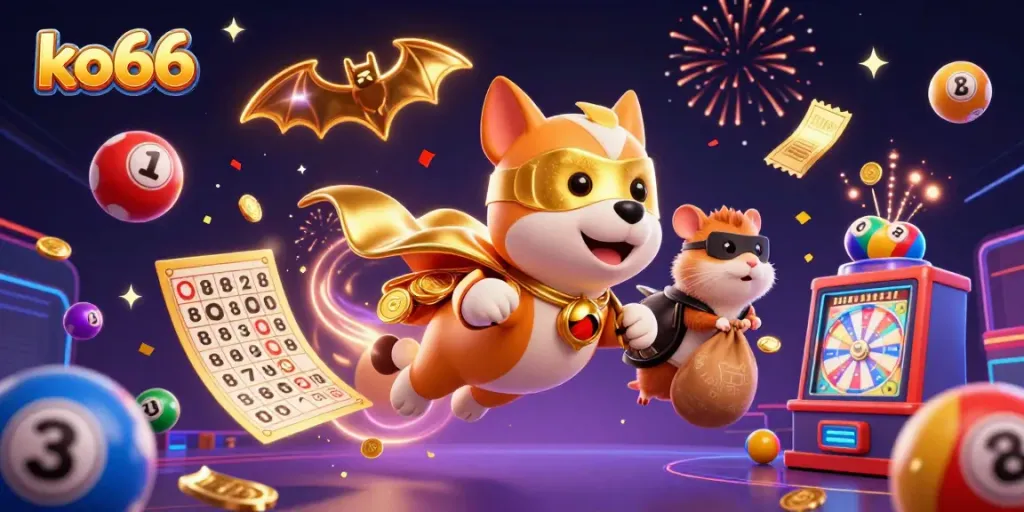 Join the exciting world of ko66 with a lively 3D illustration featuring a superhero dog and hamster amid vibrant casino elements.
