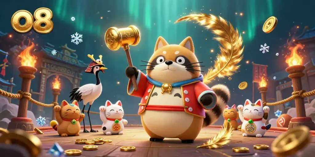 Enjoy a vibrant scene of a lively o8-themed online casino featuring playful characters and winning symbols.