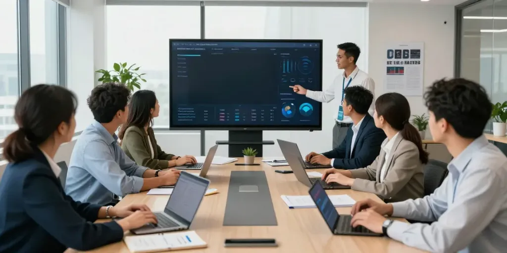 A diverse team discussing strategies to get the facts in a modern office.