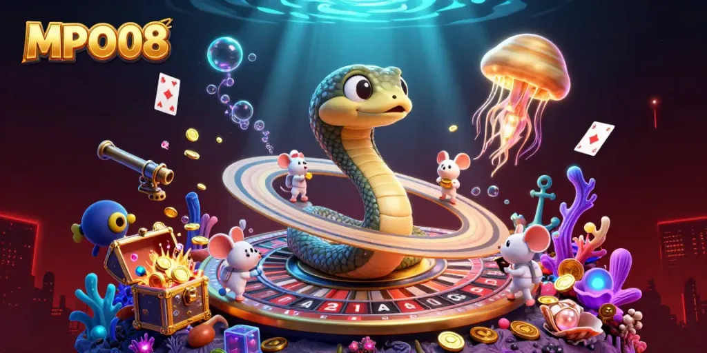 Engage in the cosmic betting experience of MPO08 with a vibrant scene of astronaut mice and a roulette wheel snake.