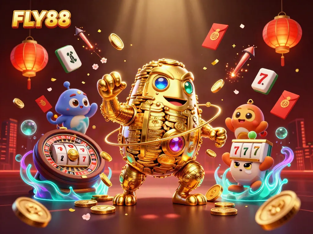 Experience the thrill of winning with FLY88's vibrant casino illustration, featuring dynamic game elements.