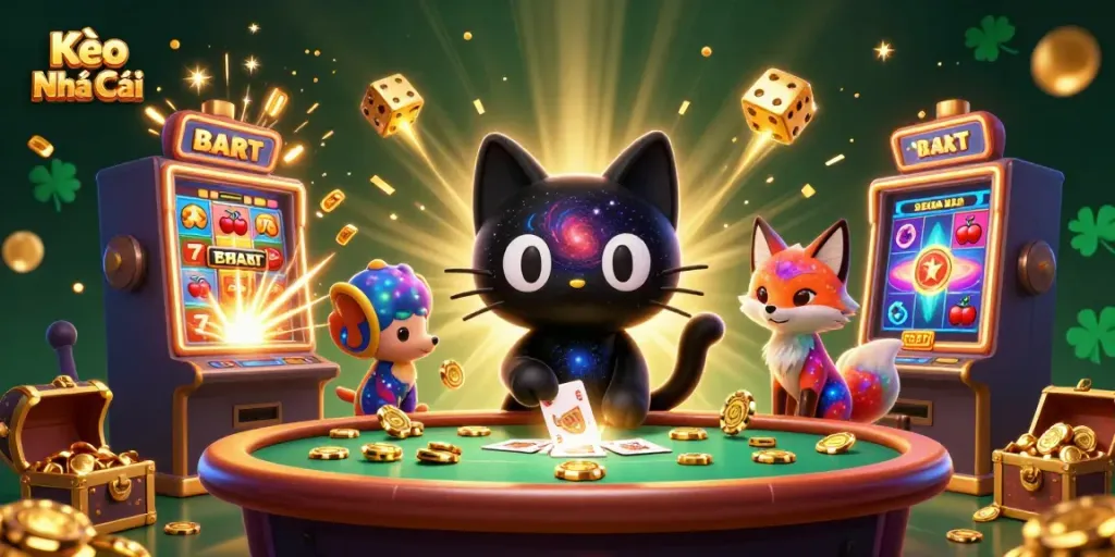 Kèo Nhà Cái features a cosmic cat and fox pulling in chips at a vibrant casino table