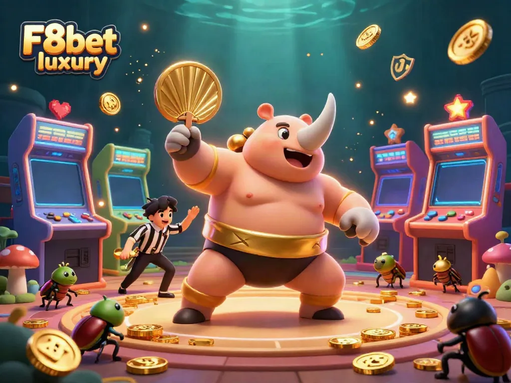 Experience exciting gameplay at F8bet luxury with dynamic characters, vibrant arcade machines, and golden coins.