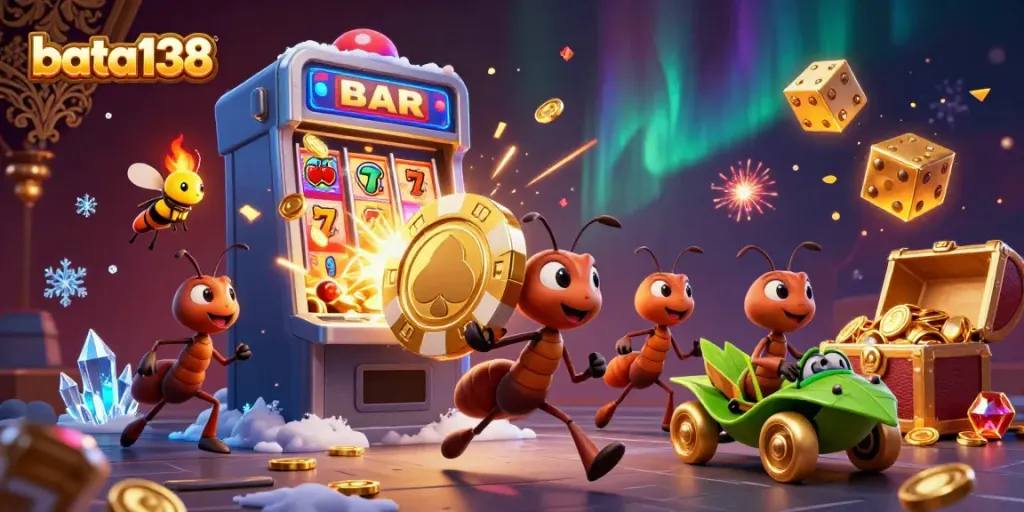 Experience the excitement with bata138 as ants pull off a heist in a vibrant casino-themed illustration.