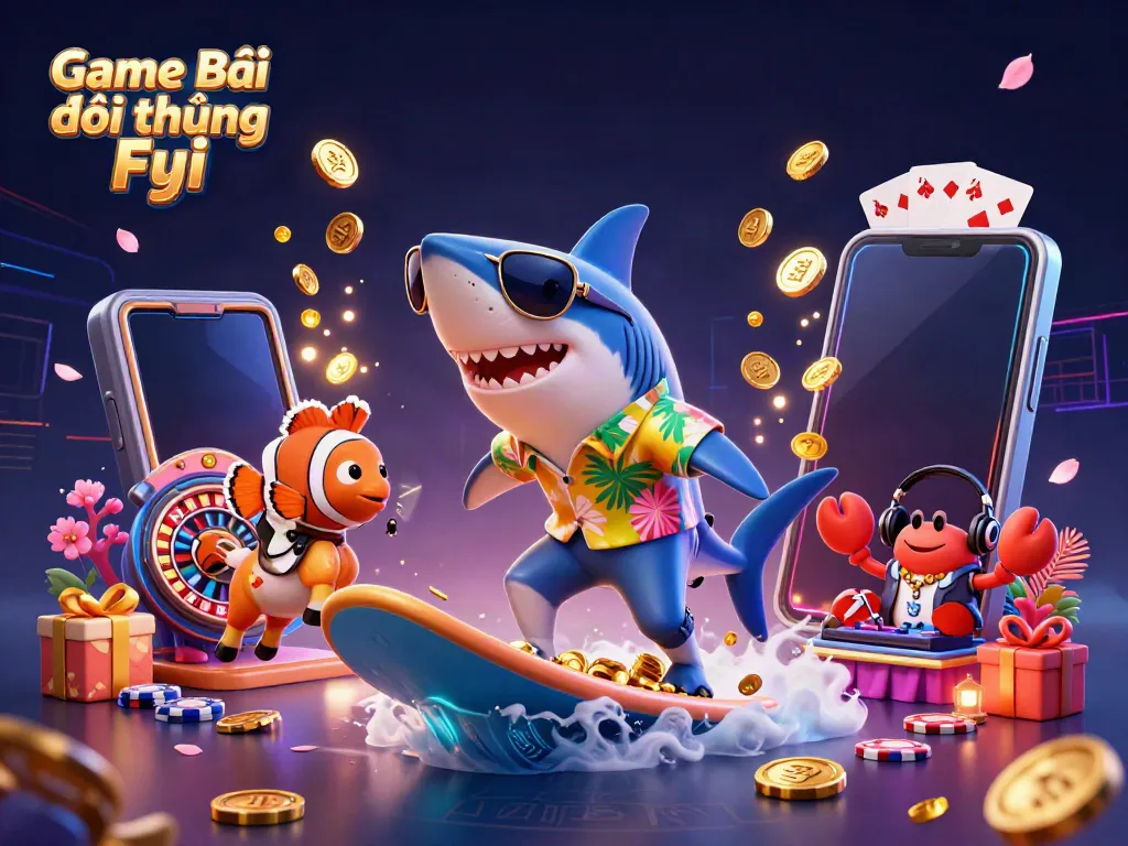 Engage in the excitement of Game Bài Đổi Thưởng Fyi with vibrant 3D casino-themed characters surrounded by dynamic game elements.