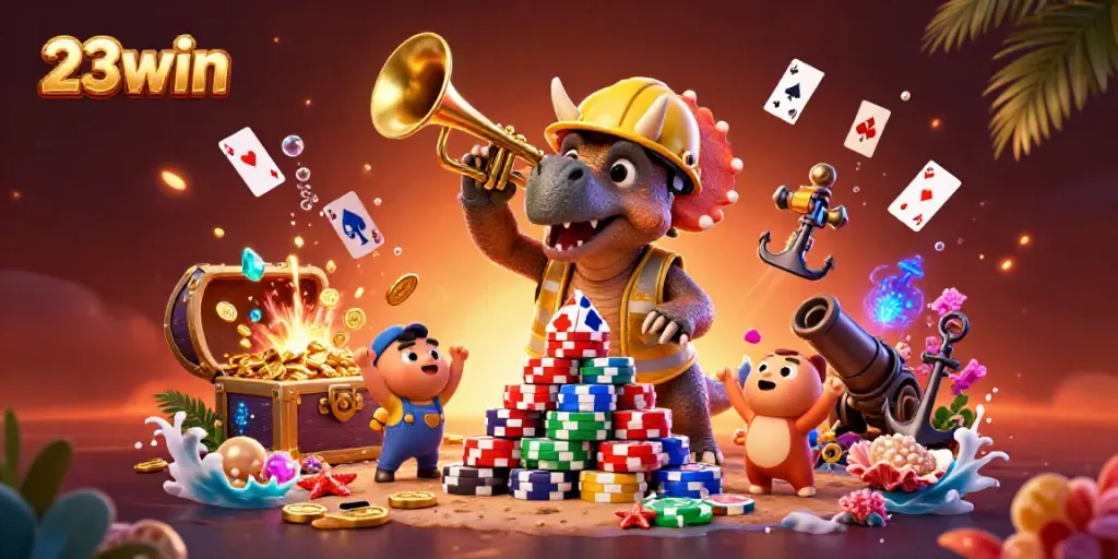 Experience the excitement of 23win with a vibrant 3D scene featuring triceratops and casino elements.