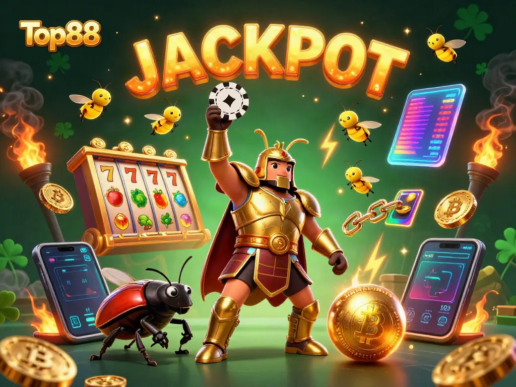 Engage with Top88's thrilling casino games illustrated as heroes celebrating a jackpot victory.