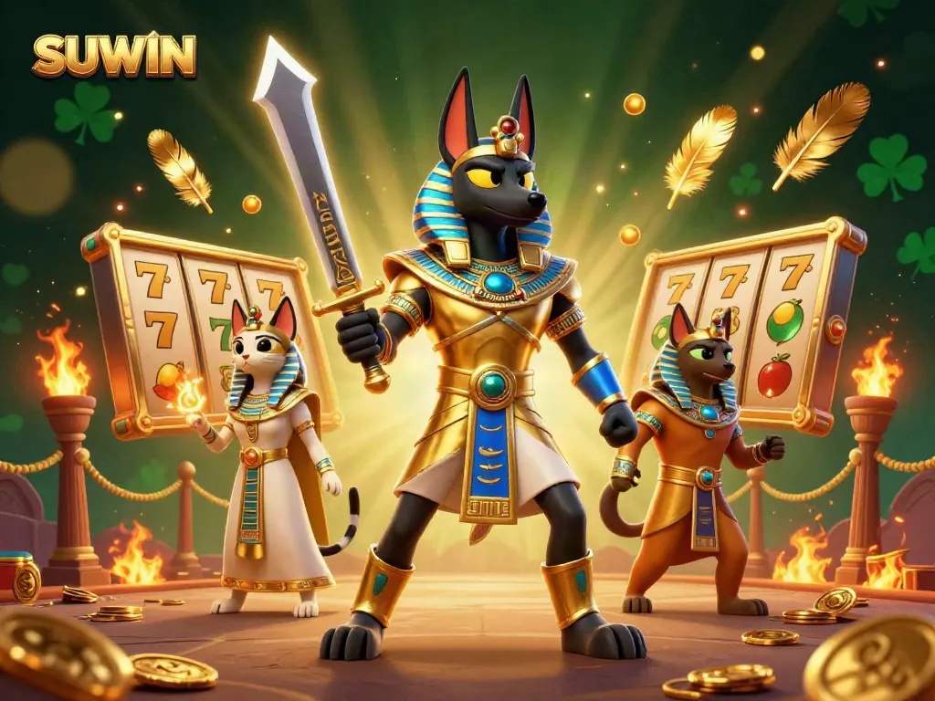 Engage with the thrilling SUWIN adventure amidst gold coins and slot reels in a dynamic casino-themed scene.