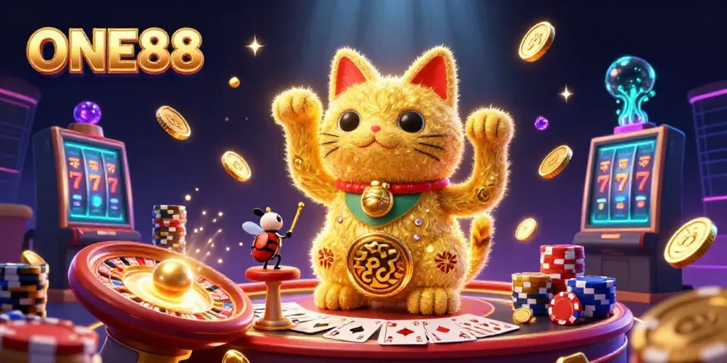 Engage with the energetic world of ONE88, where a giant lucky cat brings casino joy amidst dazzling riches.