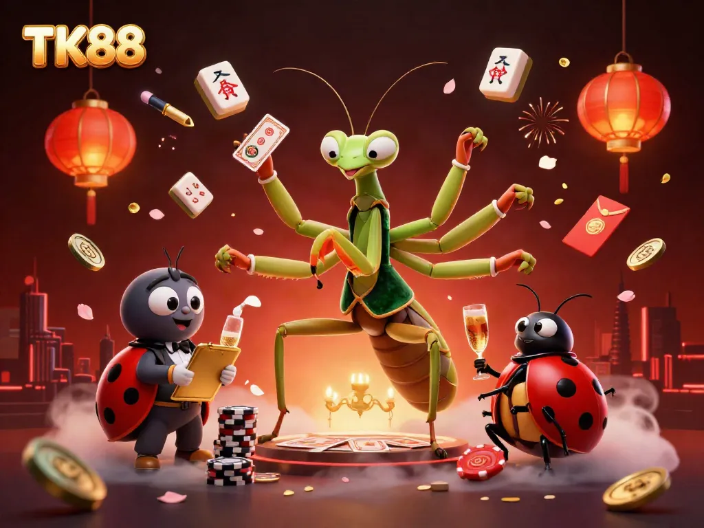 Engage with TK88 in a vibrant casino scene featuring a giant mantis dealing cards and a ladybug overseeing operations.