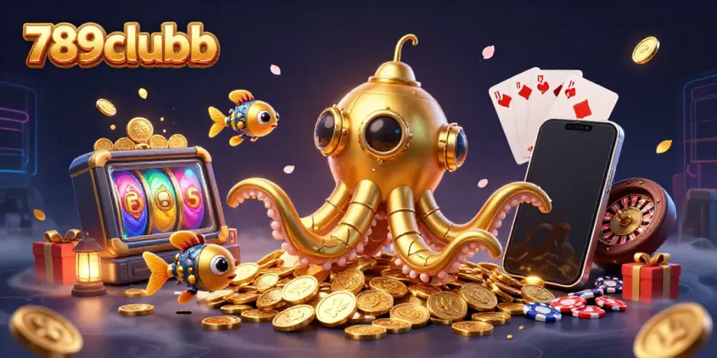 Experience the thrilling world of 789clubb with a vibrant 3D kraken submarine amidst golden coins and casino games.