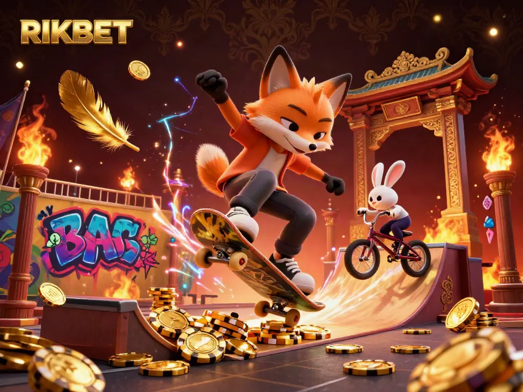 Experience exciting gameplay at RIKBET with a vibrant, dynamic casino scene featuring characters and gaming elements.