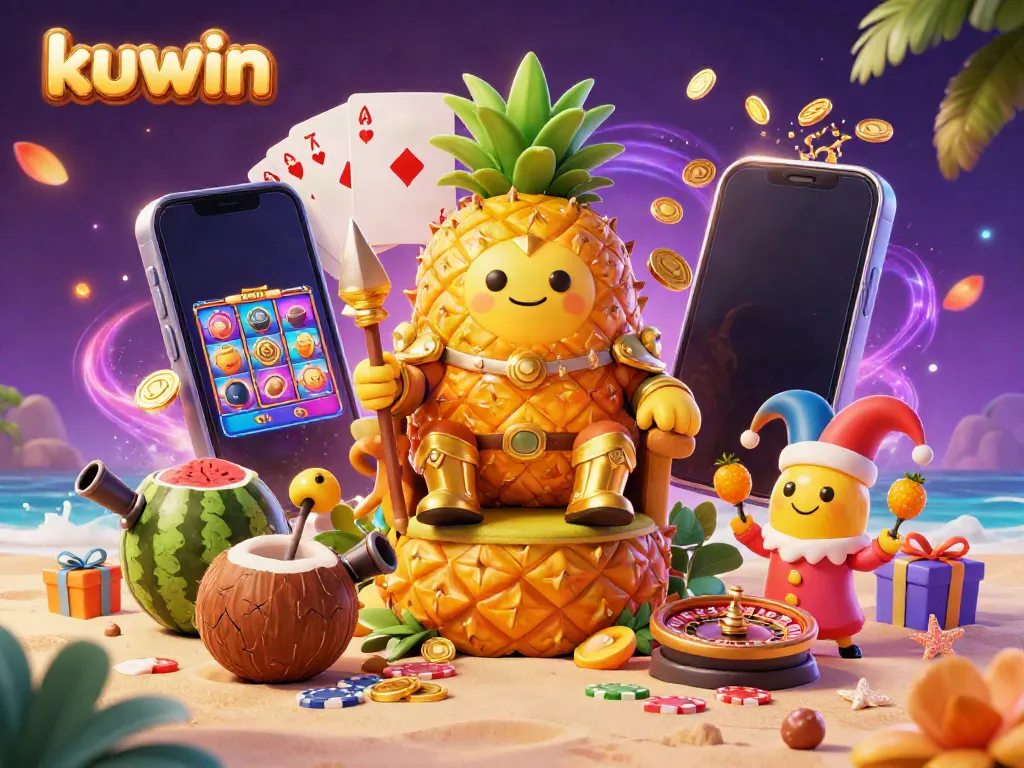 Kuwin invokes excitement with a dynamic scene featuring a golden pineapple king, gaming elements, and rich casino visuals.