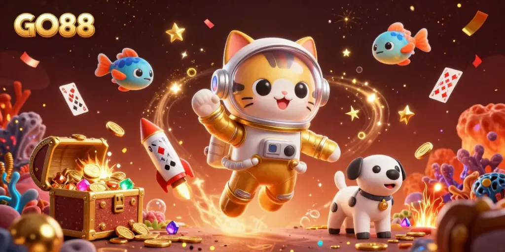 Experience the thrilling gaming atmosphere of GO88 with vibrant characters and dazzling casino elements.