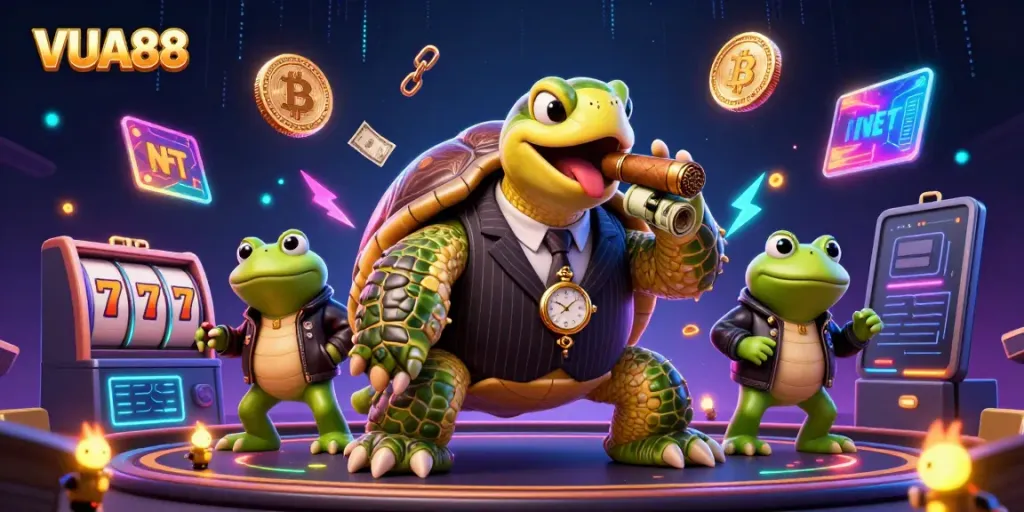 VUA88 showcases a vibrant online casino scene featuring a snapping turtle in mobster attire and crypto symbols.