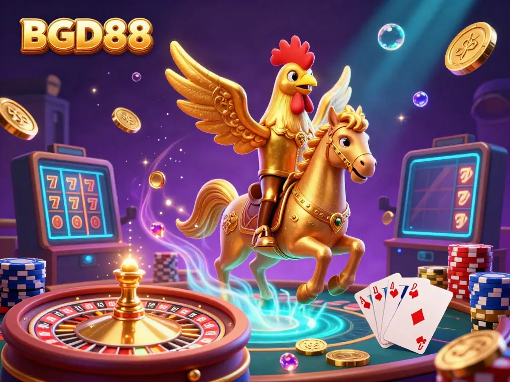 Experience the excitement of BGD88 where a golden rooster and spectral horse illuminate a lively casino scene.