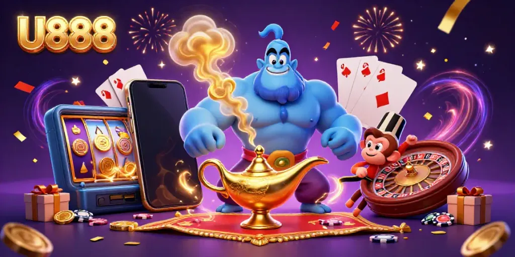 Engage with U888 through this vibrant depiction of a casino-themed scene with iconic gaming elements