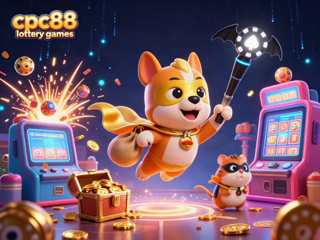 Experience the thrill of cpc88 lottery games with a vibrant 3D illustration of a superhero dog and hamster amidst lottery excitement.