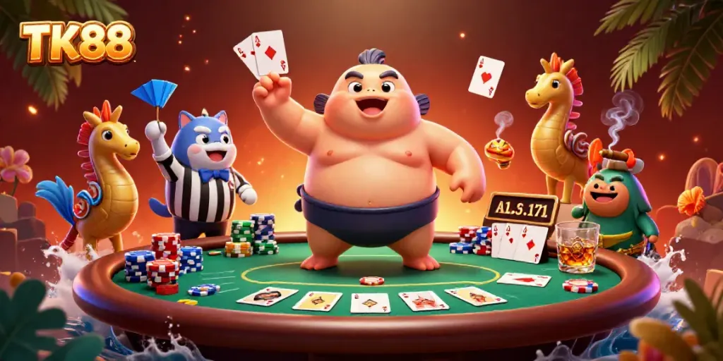 Engage with TK88 in a vibrant underwater poker scene, featuring a puffed-up fugu and whimsical sea creatures.