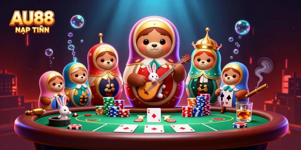 Enjoy a vibrant AU88 NẠP TIỀN scene with colorful casino elements and playful character interactions.