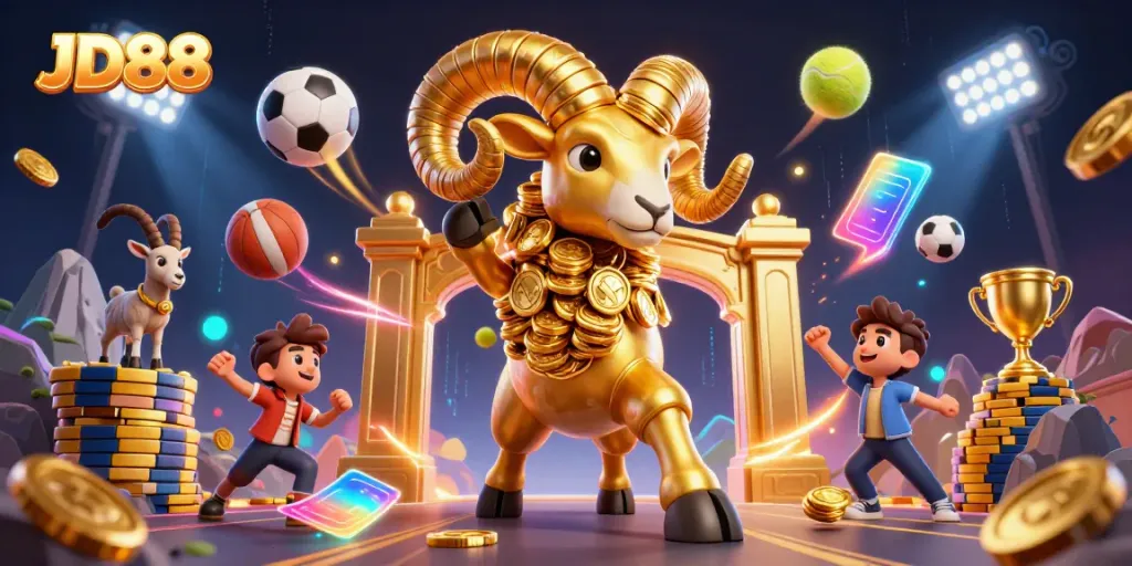 Experience thrilling gaming with JD88, featuring a dynamic golden ram surrounded by vibrant sports elements.
