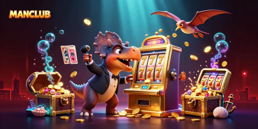Experience the thrill of MANCLUB slots as prehistoric characters celebrate jackpot wins in a dynamic casino setting.