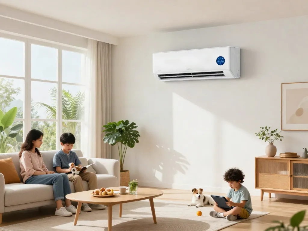 Stylish mini split air conditioning unit in a modern living room with a family enjoying comfort.