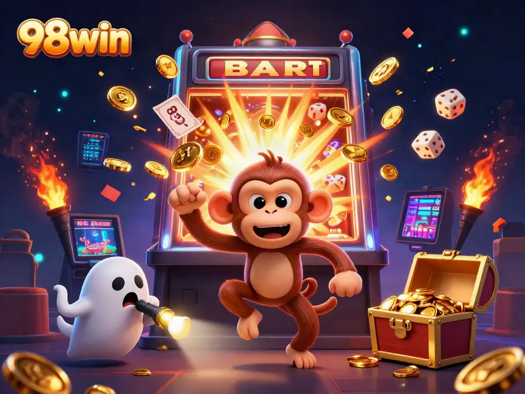 Experience thrilling gameplay with 98win's energetic casino scene featuring a playful ghost and puppy.