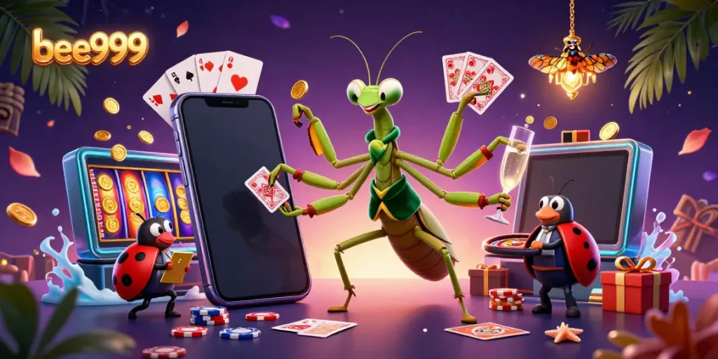 Engage with thrilling slots and games at bee999, featuring dynamic 3D characters in a vibrant casino scene.