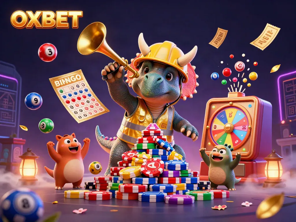 Engage with OXBET's vibrant 3D casino scene featuring playful characters and dynamic gambling elements.