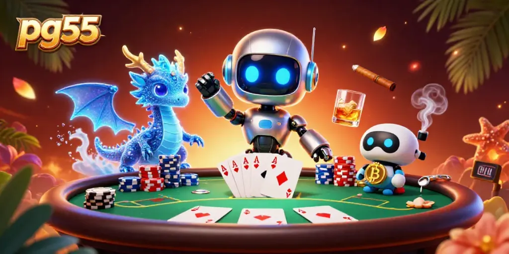 Experience epic gaming with pg55 at a vibrant poker table full of chips and cards.