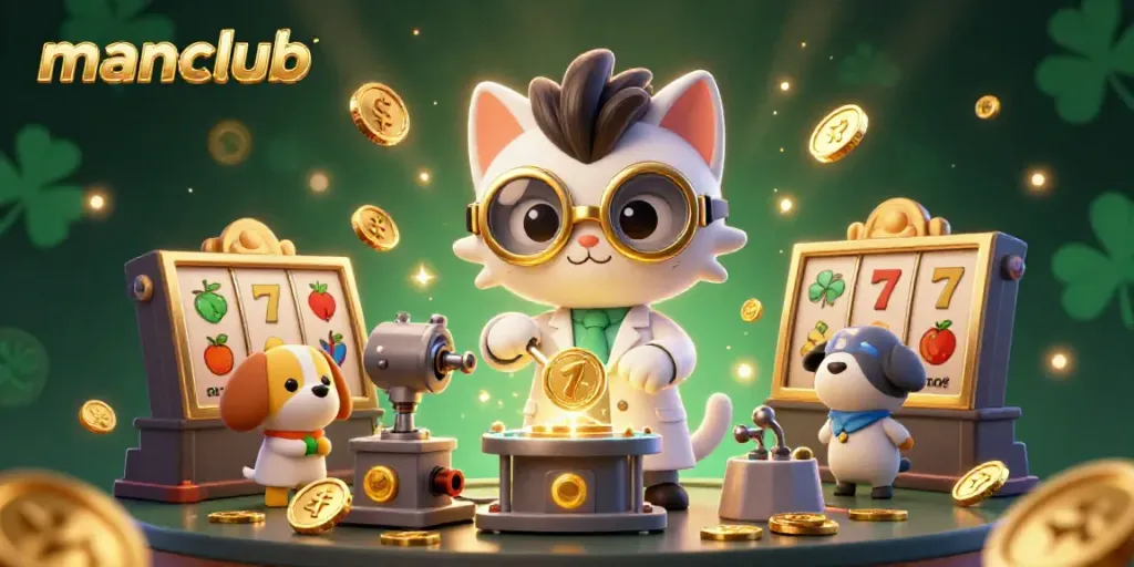 Experience winnings at manclub with a captivating 3D casino illustration of a mad scientist and dog creating riches.